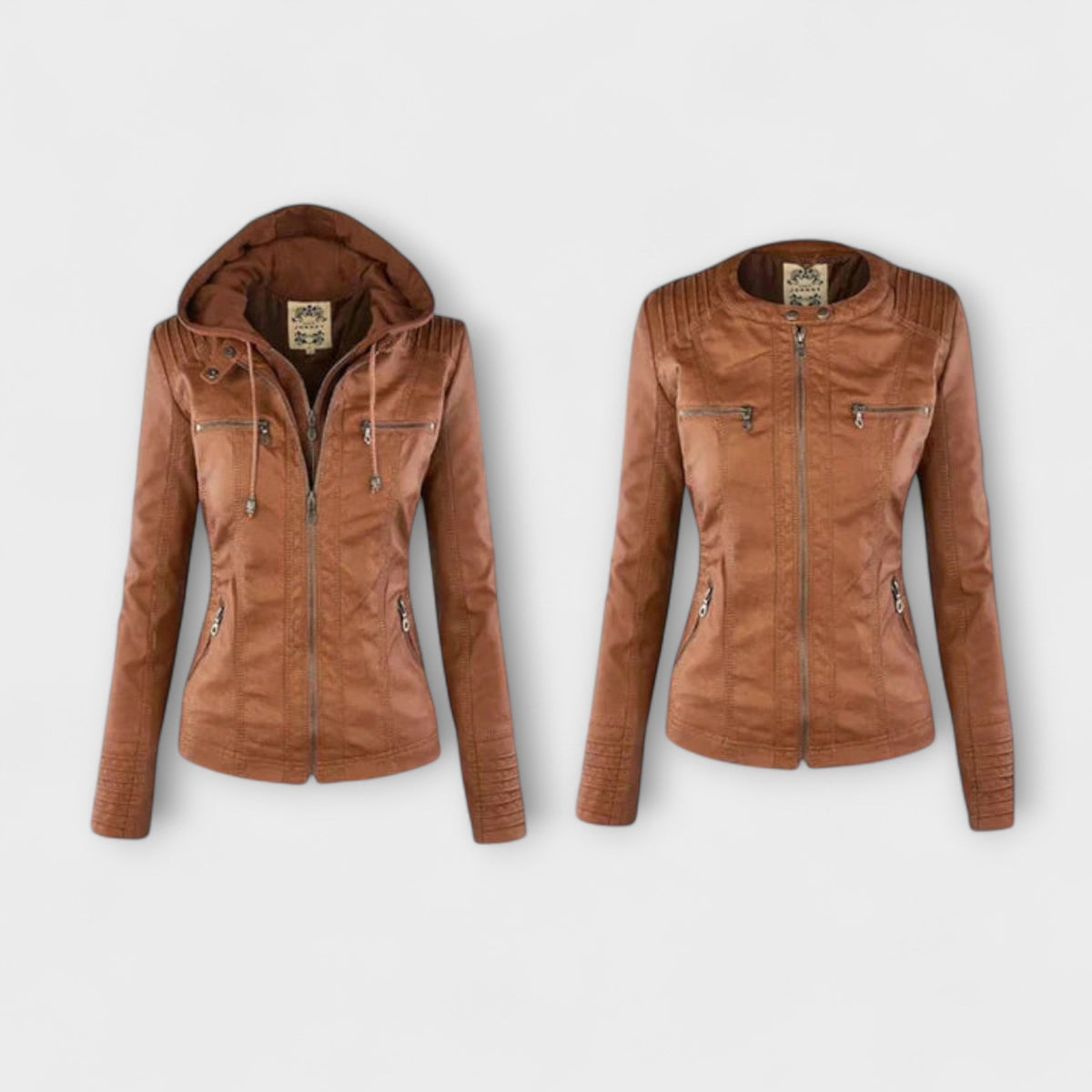 Amélie - Veste en Cuir Marron à Col Montant