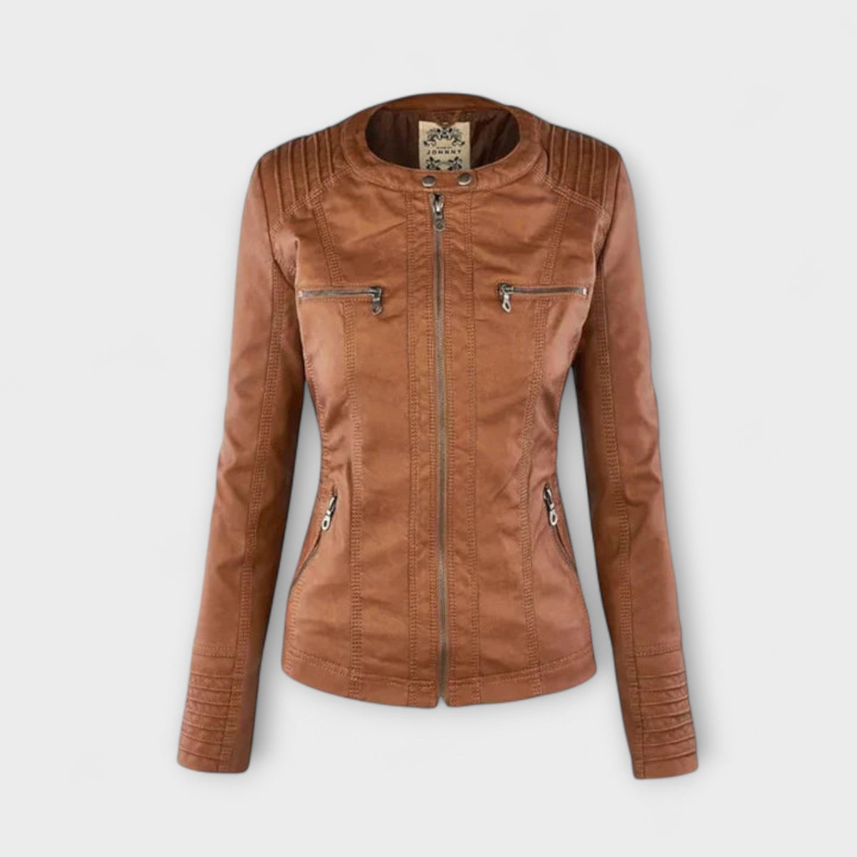Amélie - Veste en Cuir Marron à Col Montant