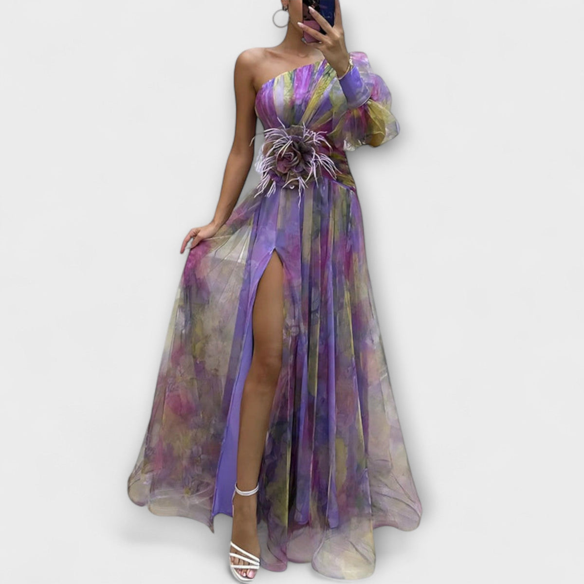 Minna - Robe Longue Asymétrique Violette Imprimée