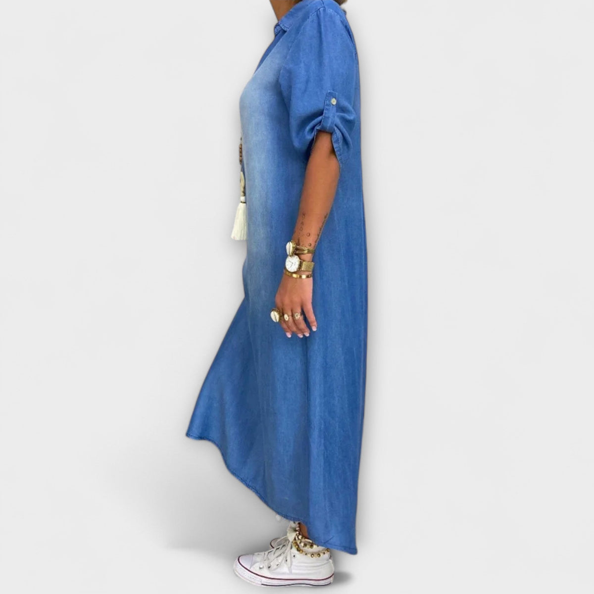 Lea - Robe Longue Effet Denim Bleue à Fente Latérale