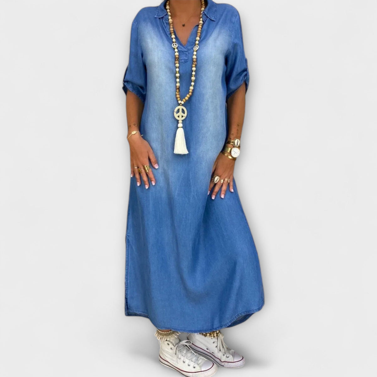 Lea - Robe Longue Effet Denim Bleue à Fente Latérale