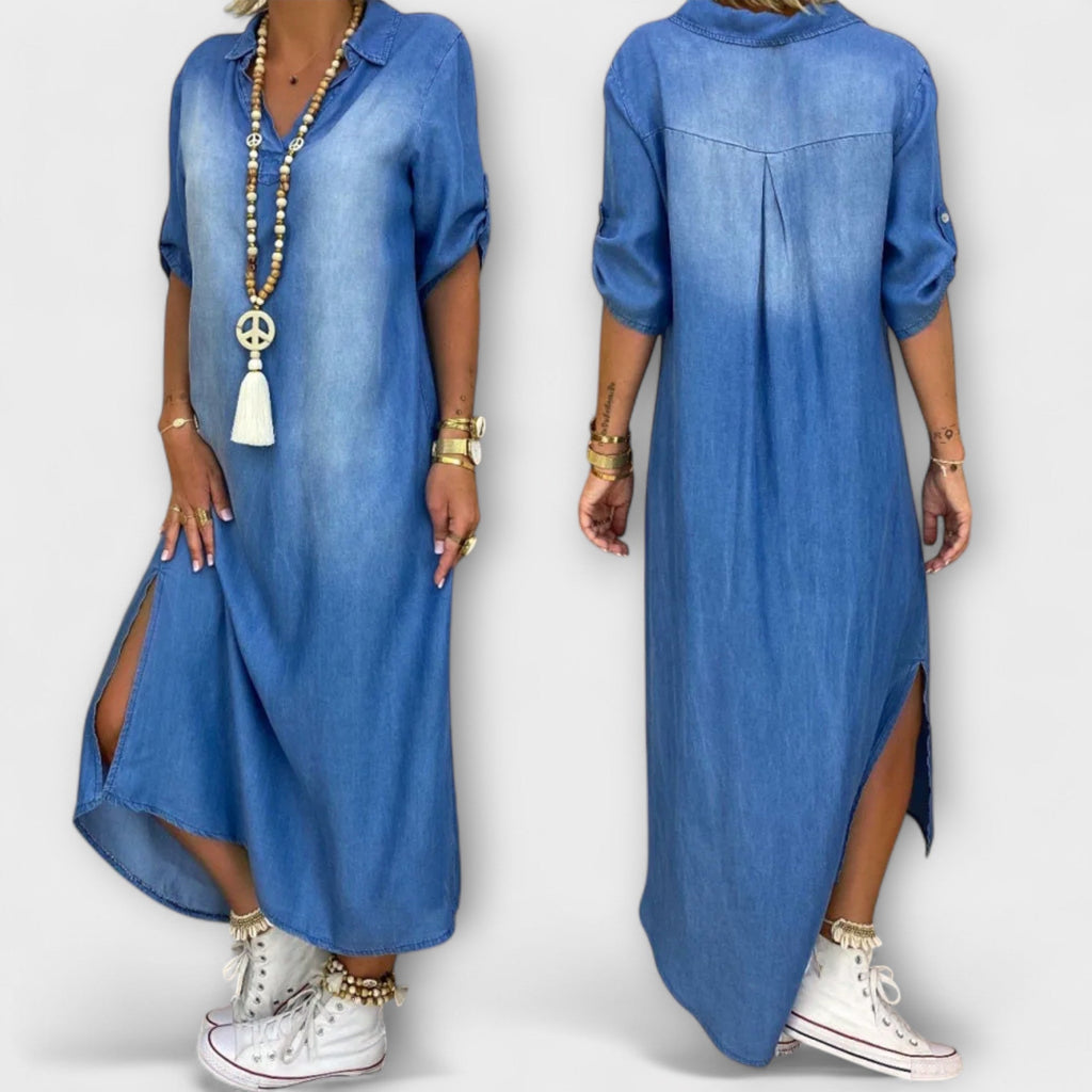 Lea - Robe Longue Effet Denim Bleue à Fente Latérale