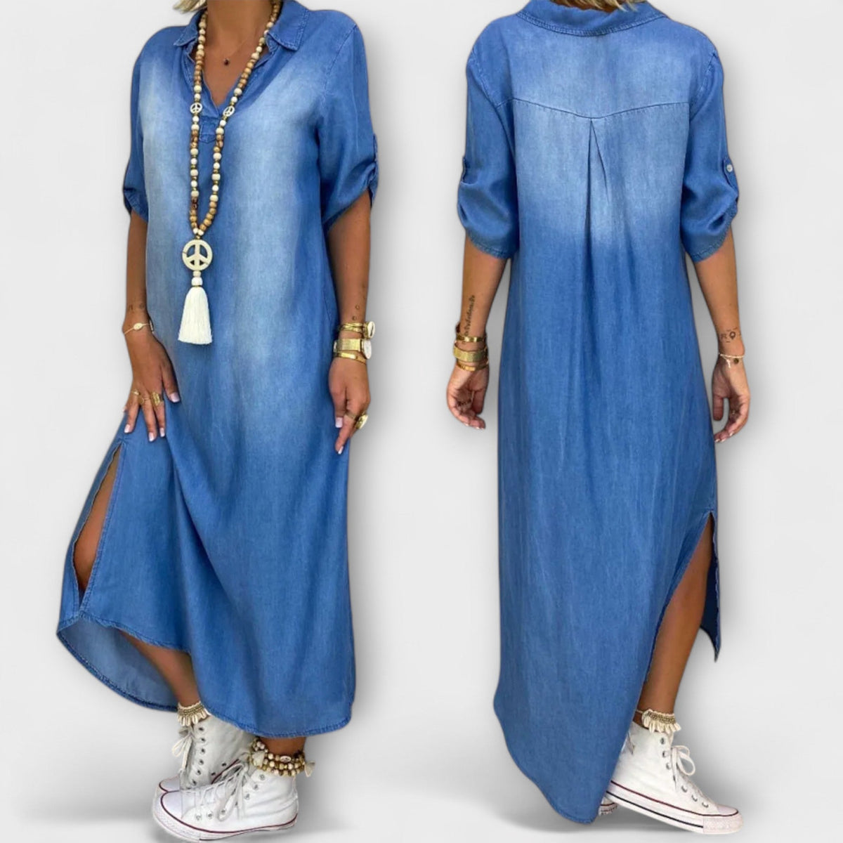 Lea - Robe Longue Effet Denim Bleue à Fente Latérale