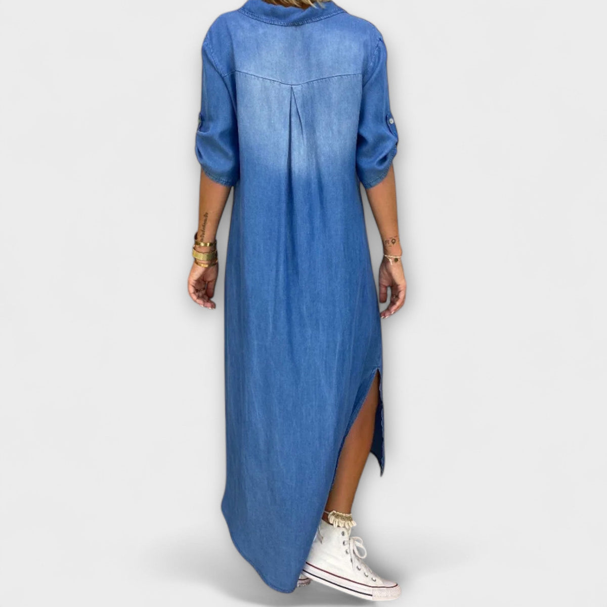 Lea - Robe Longue Effet Denim Bleue à Fente Latérale