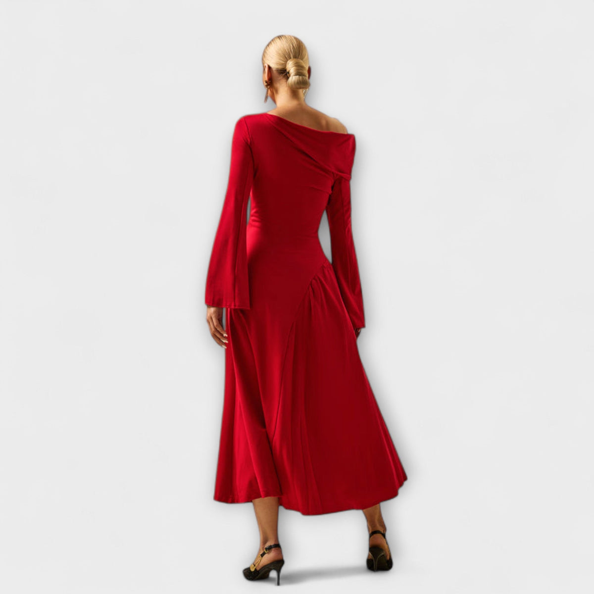 Willa - Robe Midi Rouge Épaules Dénudées à Manches Ballon