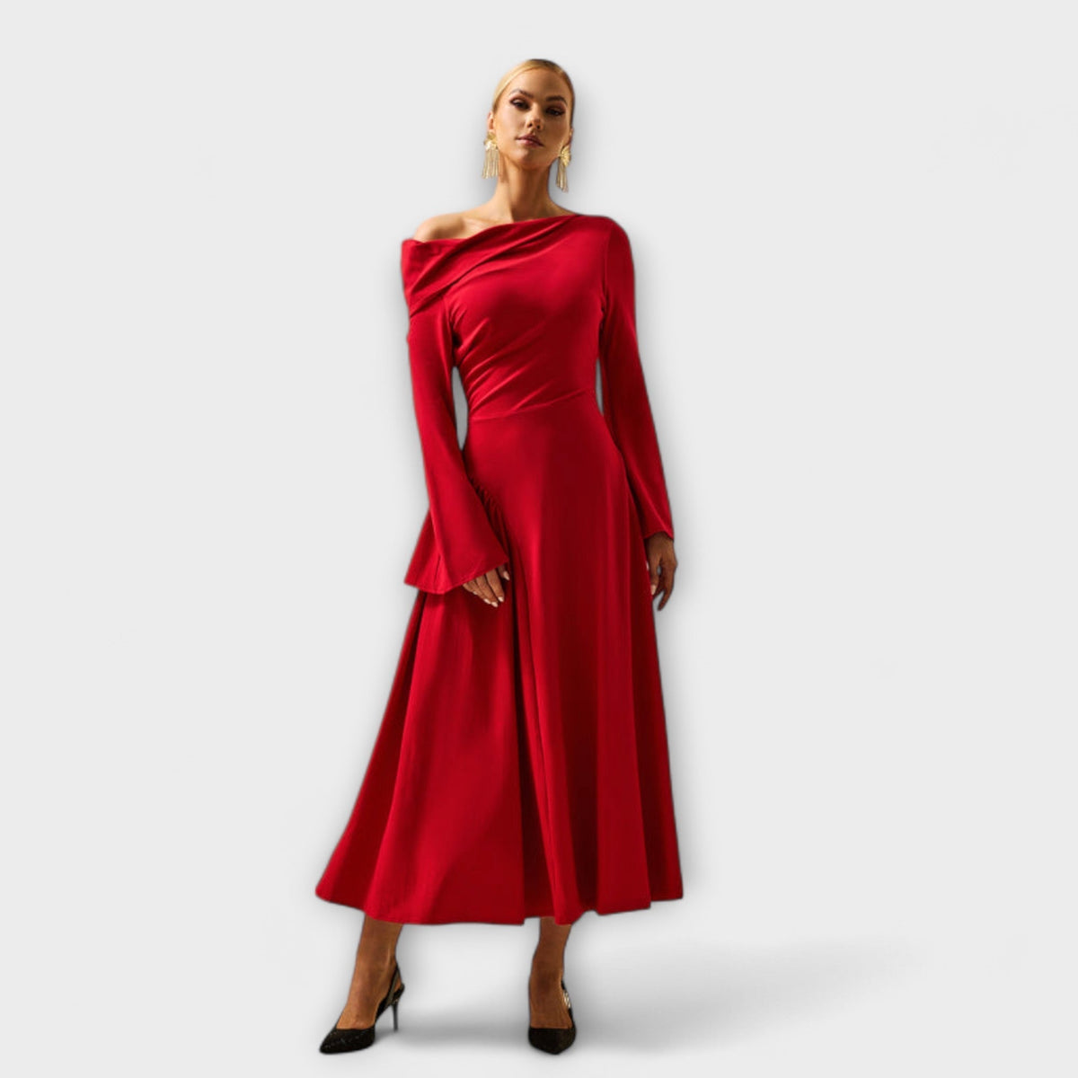 Willa - Robe Midi Rouge Épaules Dénudées à Manches Ballon