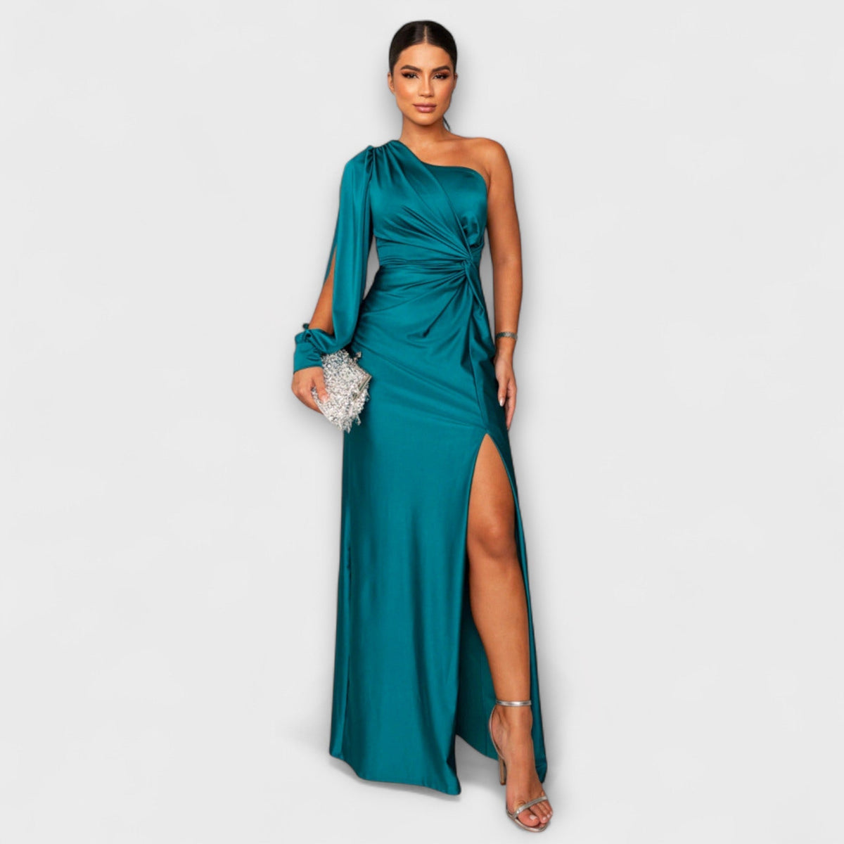 Elisa - Robe Bleu Pétrole Une Épaule Froncée