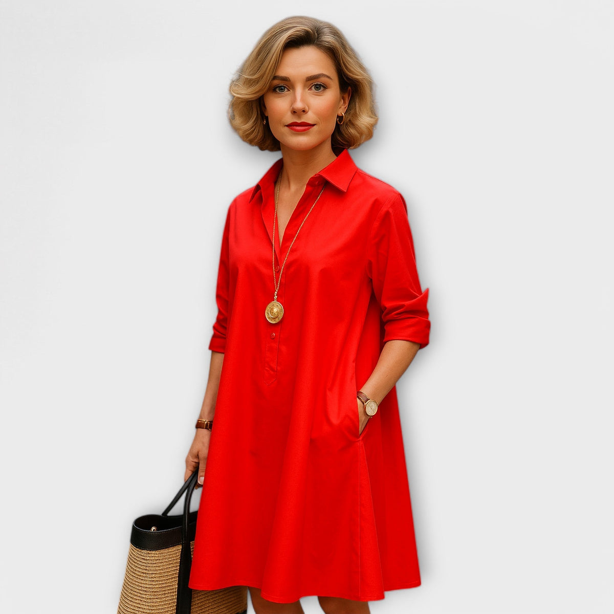 Robe Chemise Moderne Rouge à Manches Trois-Quarts