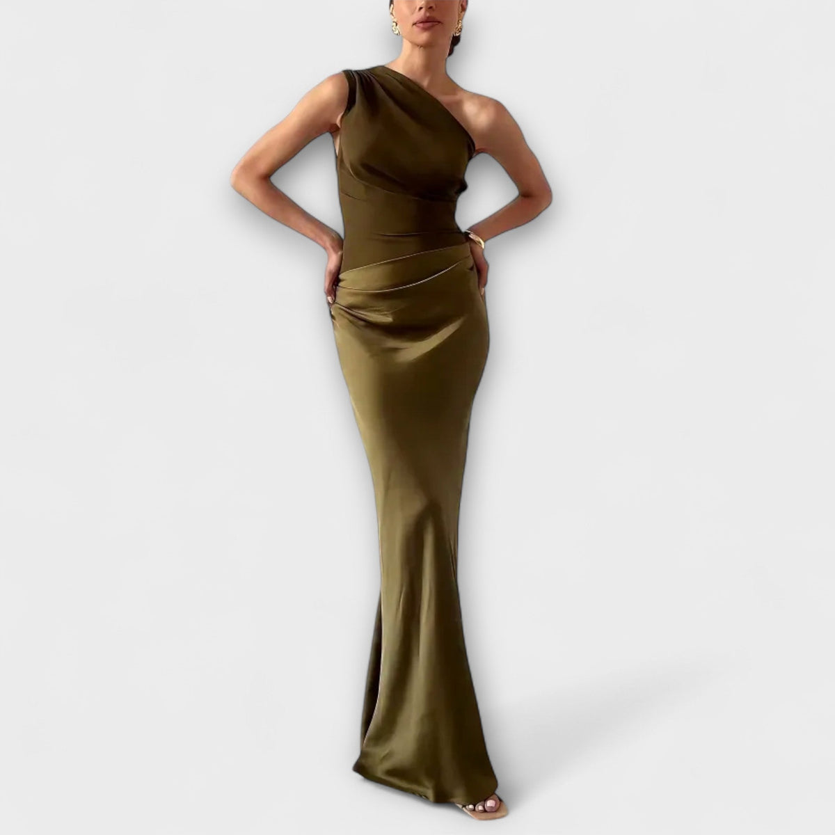 Robe Longue Plissée Élégante Marron Une Épaule