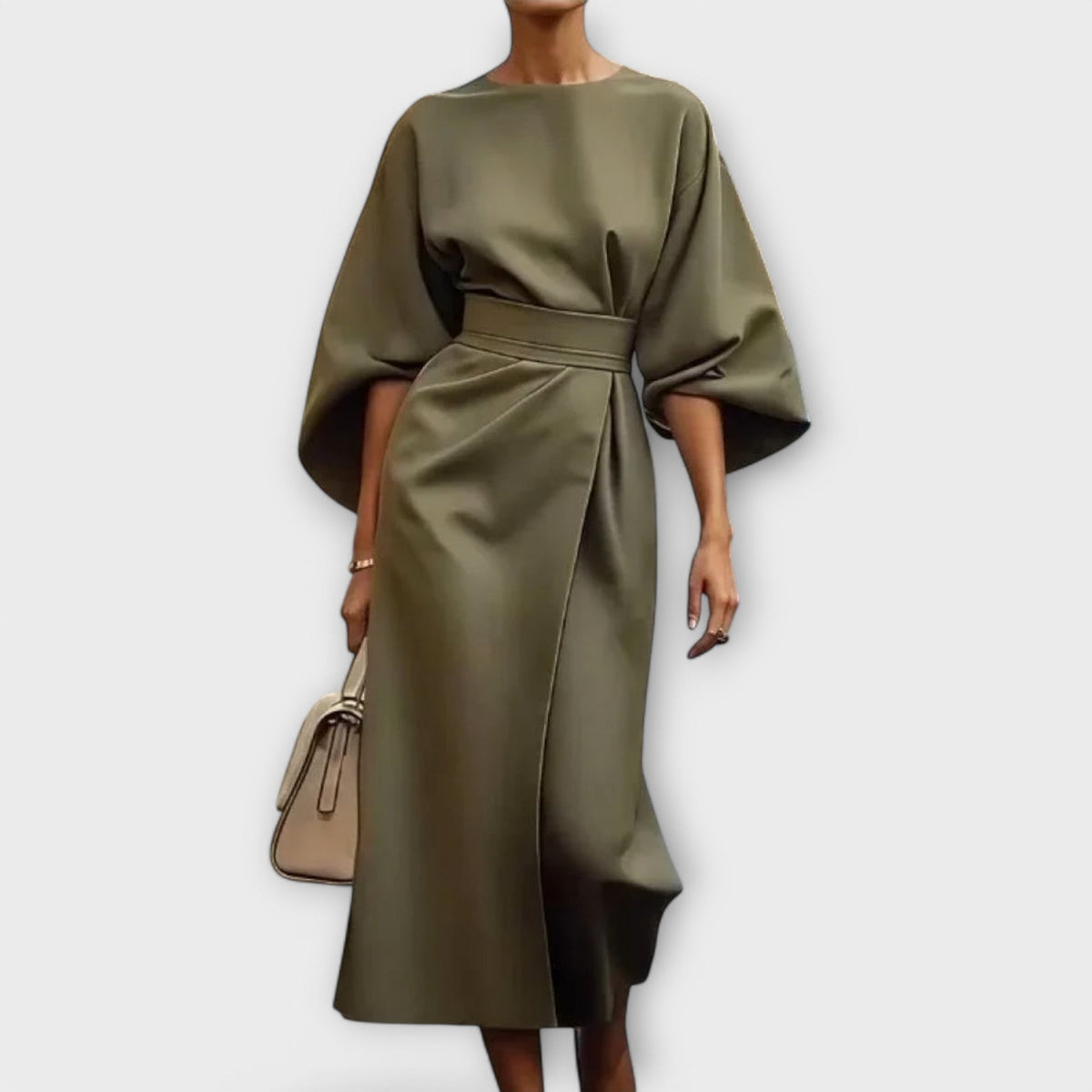 Sonia - Robe en Satin Élégante Vert Olive à Manches