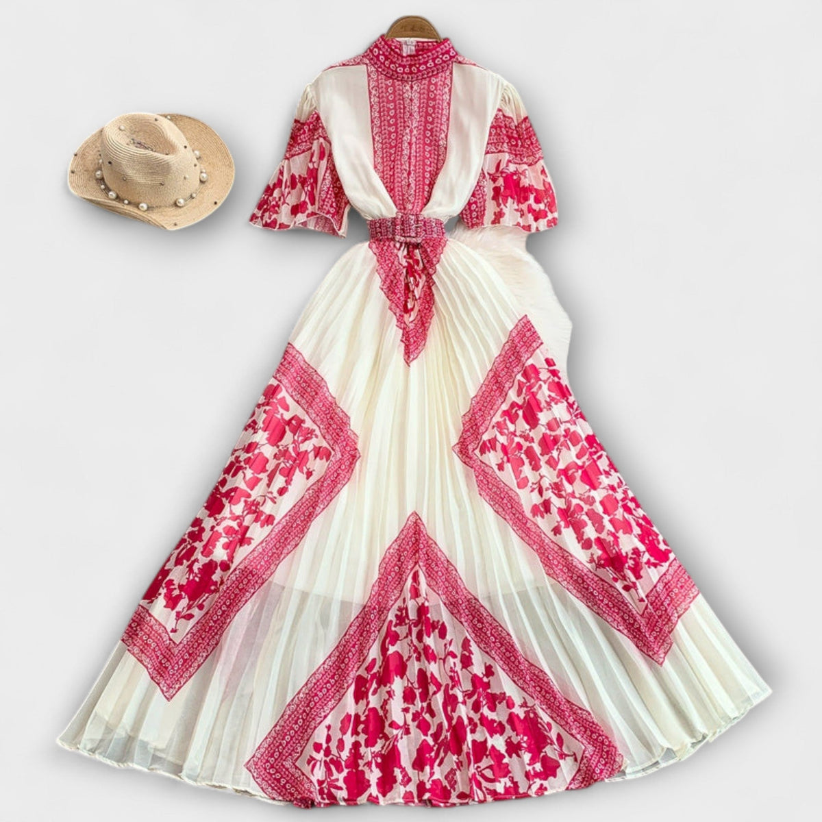 Delilah - Robe Vintage Rouge et Blanche à Col Montant