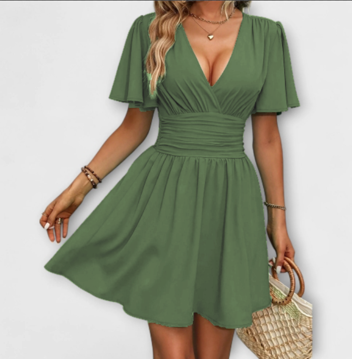Winslet - Robe Verte à Taille Froncée et Col V