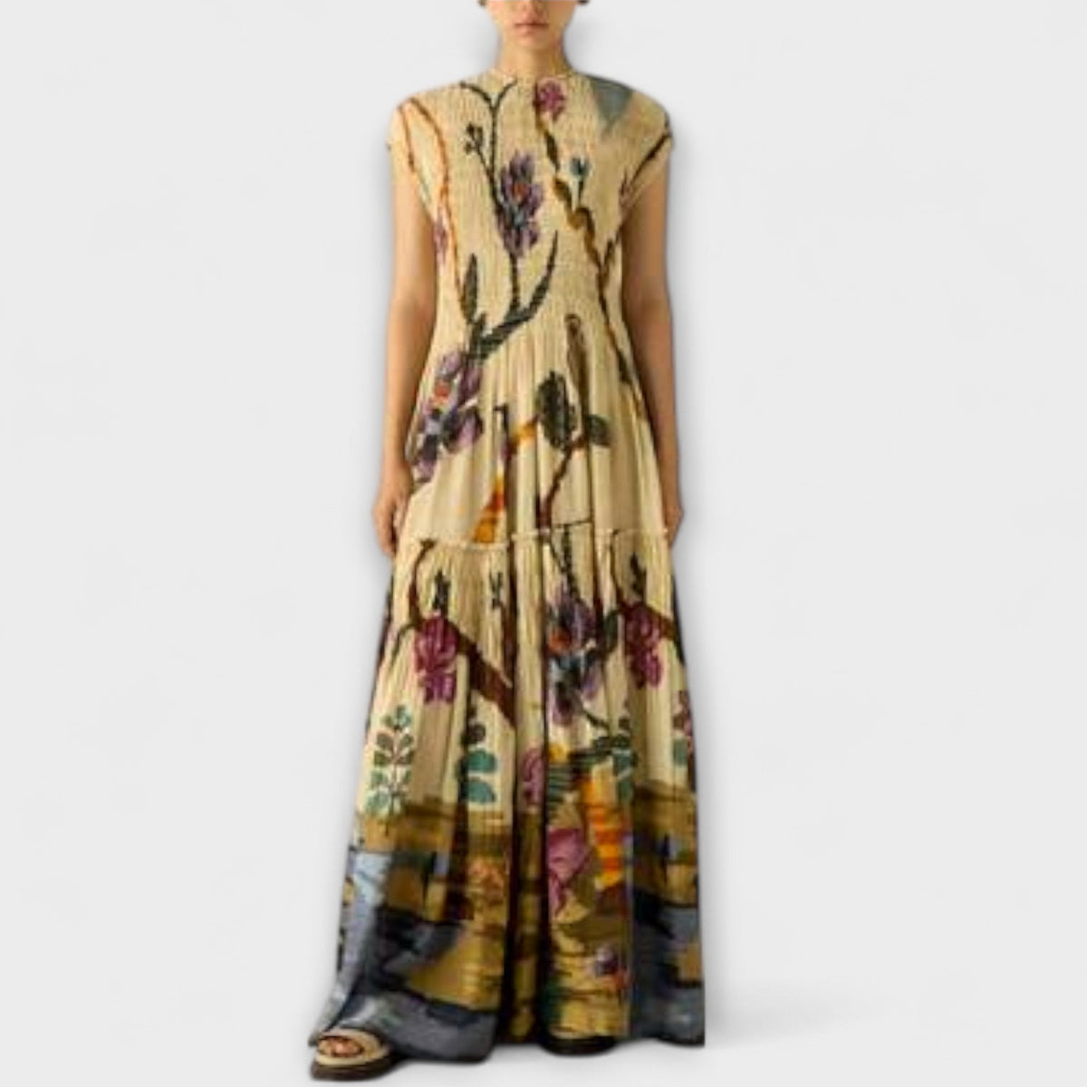 Amanda - Robe Longue Jaune Plissée Imprimée