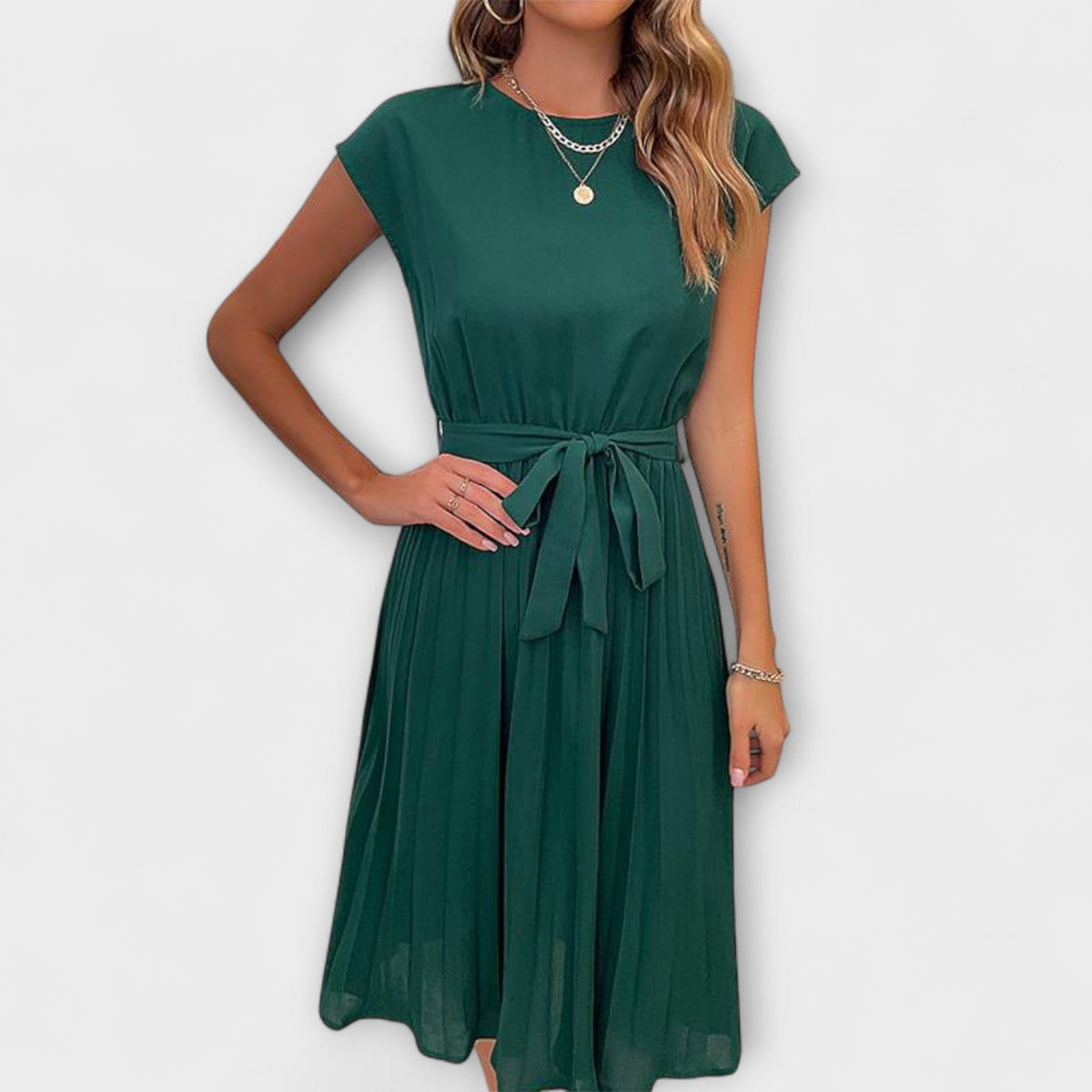 Robe Midi Élégante Vert Foncé à Ceinture