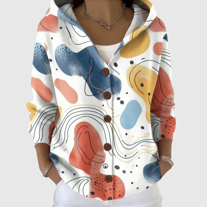 Théodora - Cardigan à capuche blanc à formes abstraites
