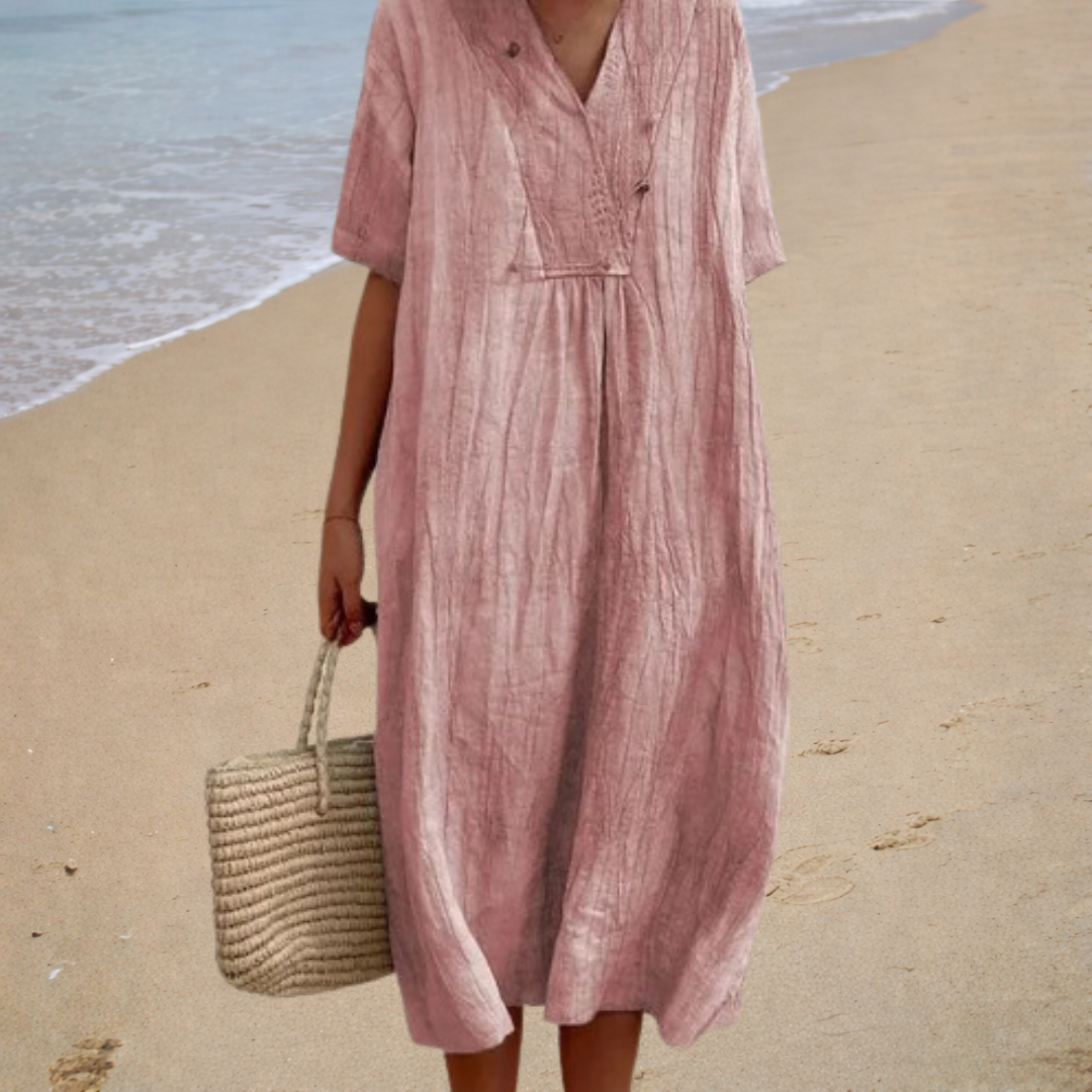 Robe en Lin Bleu Clair à Col V
