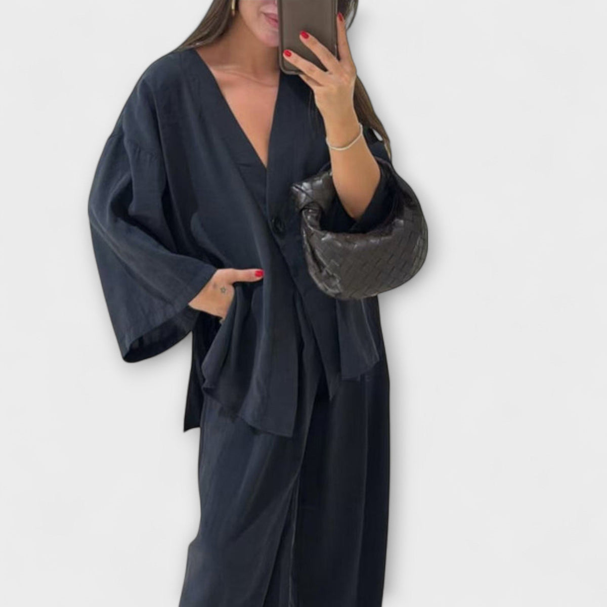 Jacqueline - Ensemble Marron avec Haut Col V et Pantalon