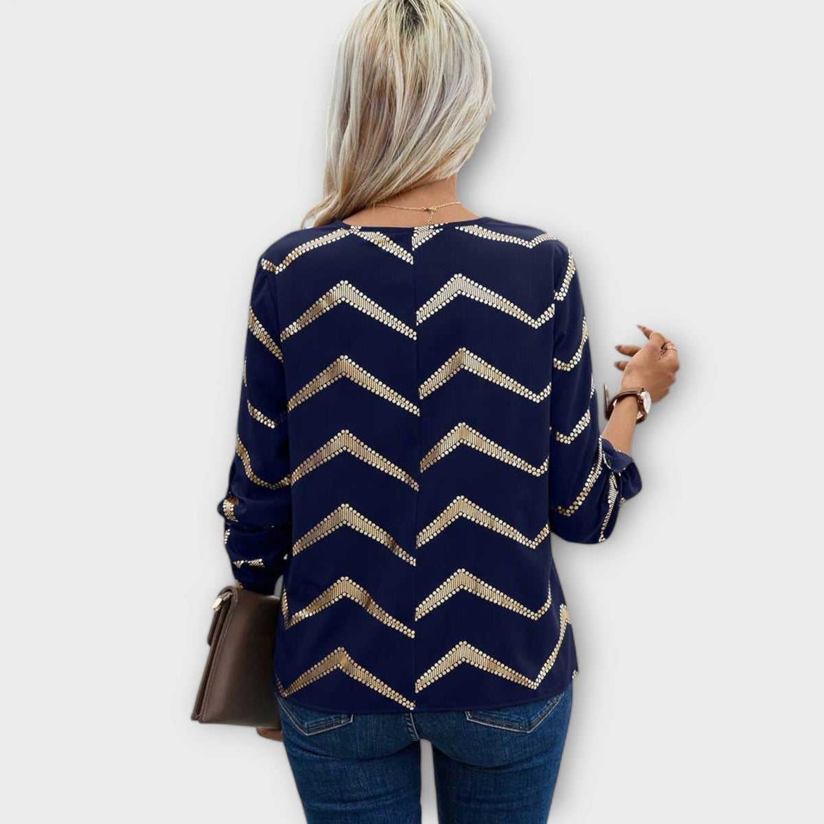 Emma - Chemisier Bleu Foncé à Zigzag Doré