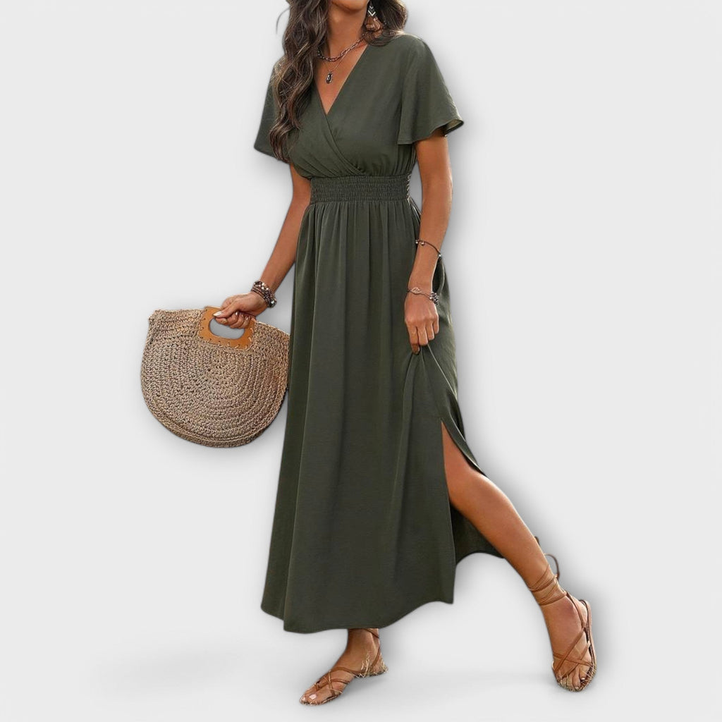 Heather - Robe Bohème Vert Olive à Fente