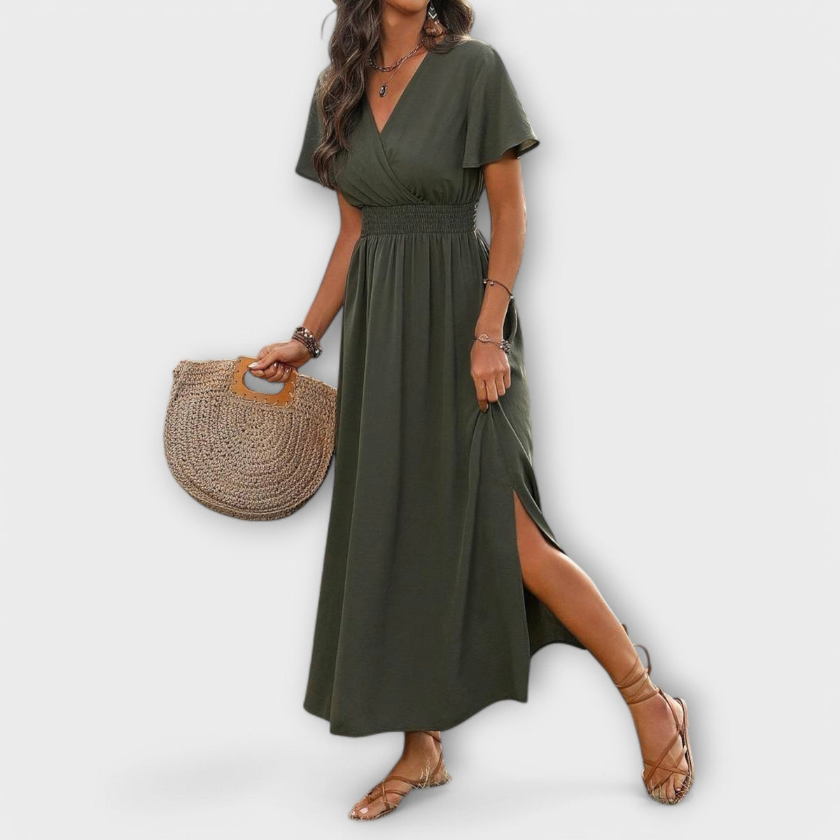 Heather - Robe Bohème Vert Olive à Fente