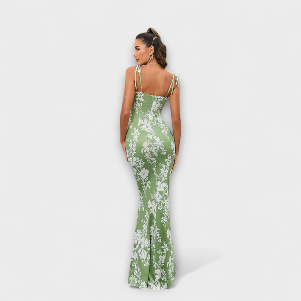 Thalia - Robe Longue Vert Foncé à Motif Floral