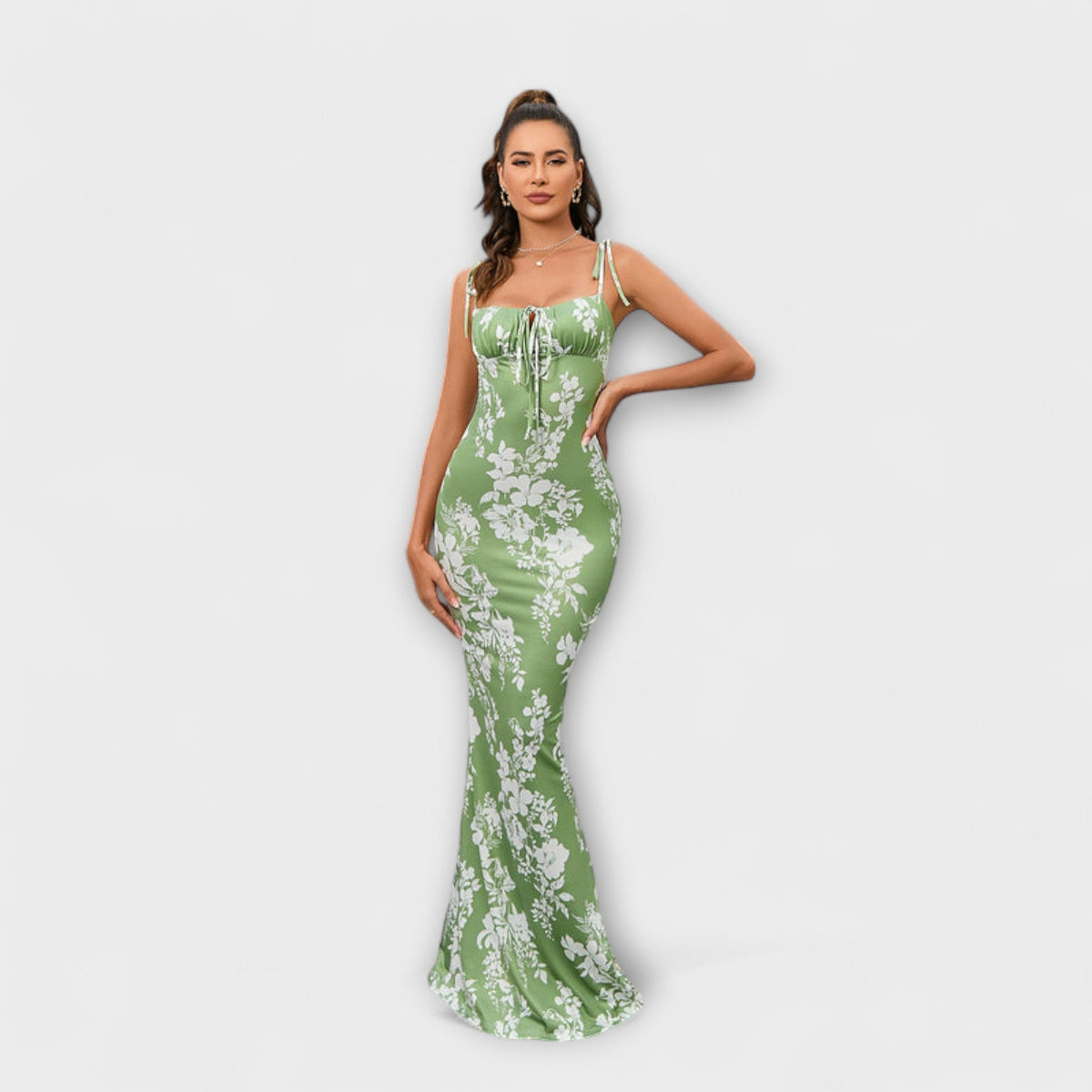 Thalia - Robe Longue Vert Foncé à Motif Floral