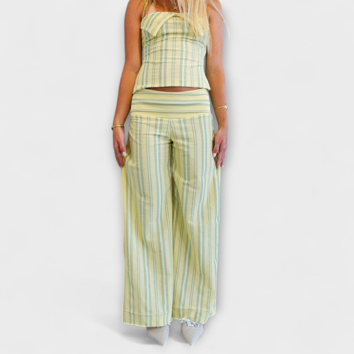 Anastasia - Ensemble Pantalon Vert Clair à Rayures