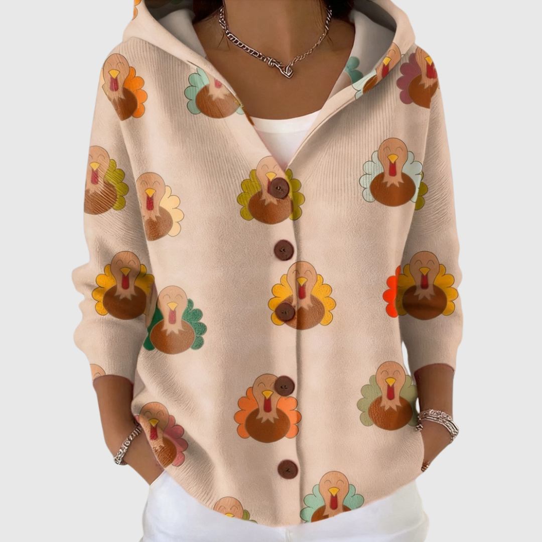 Zélie - Cardigan à capuche beige à petites dindes