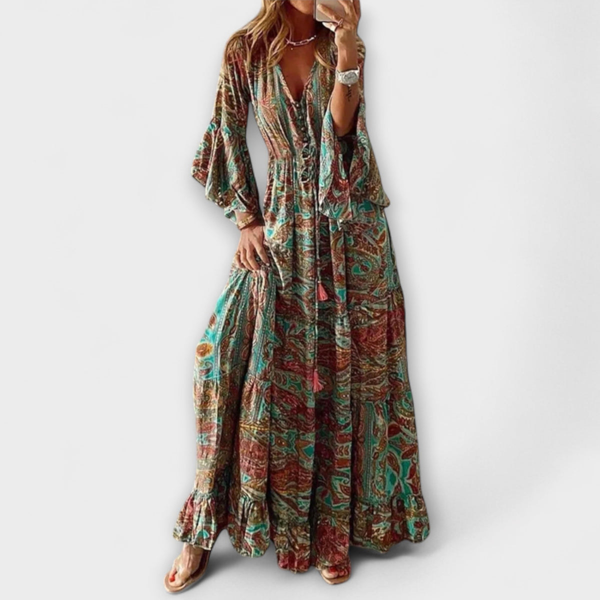 Renatilen - Robe Longue Verte à Motif Cachemire