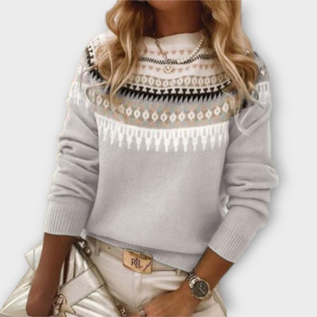 Lena - Pull Quotidien Douillet Gris à Motif Norvégien
