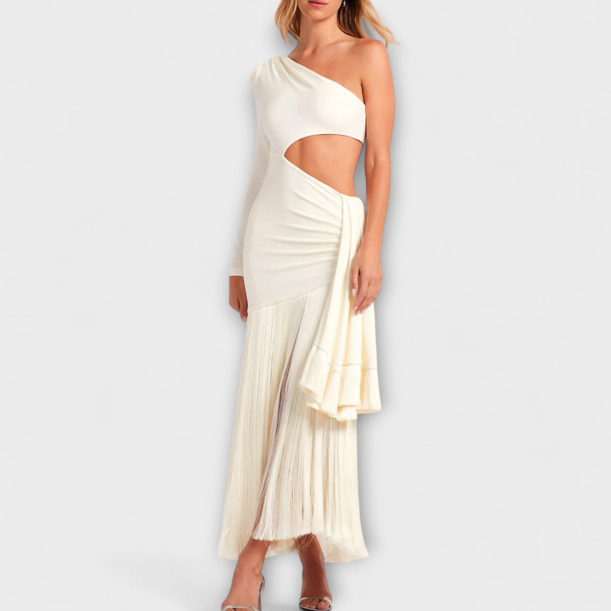 Alice - Robe Longue Crème à Découpe et Franges