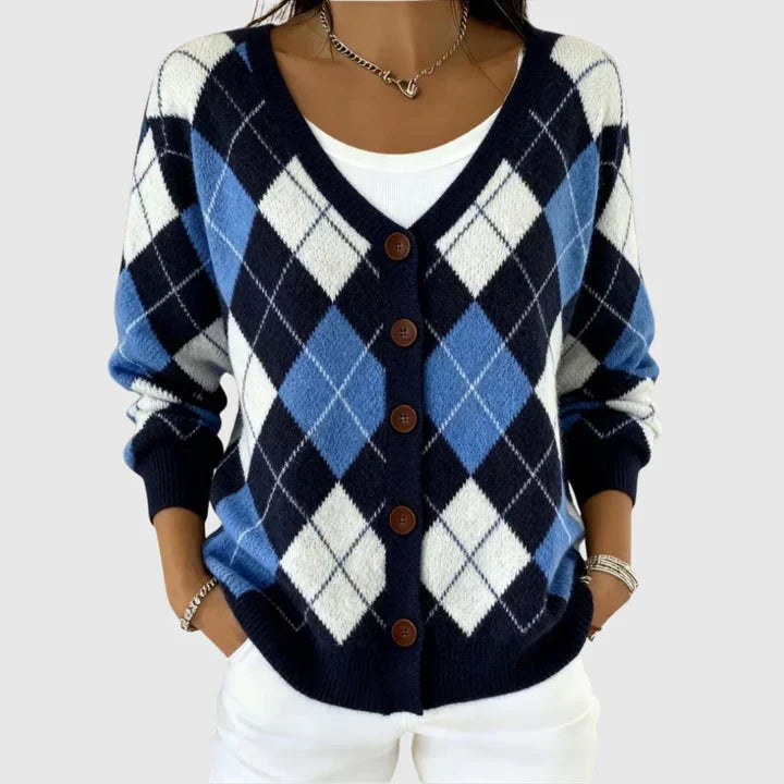 Mireille - Cardigan boutonné à motif argyle bleu