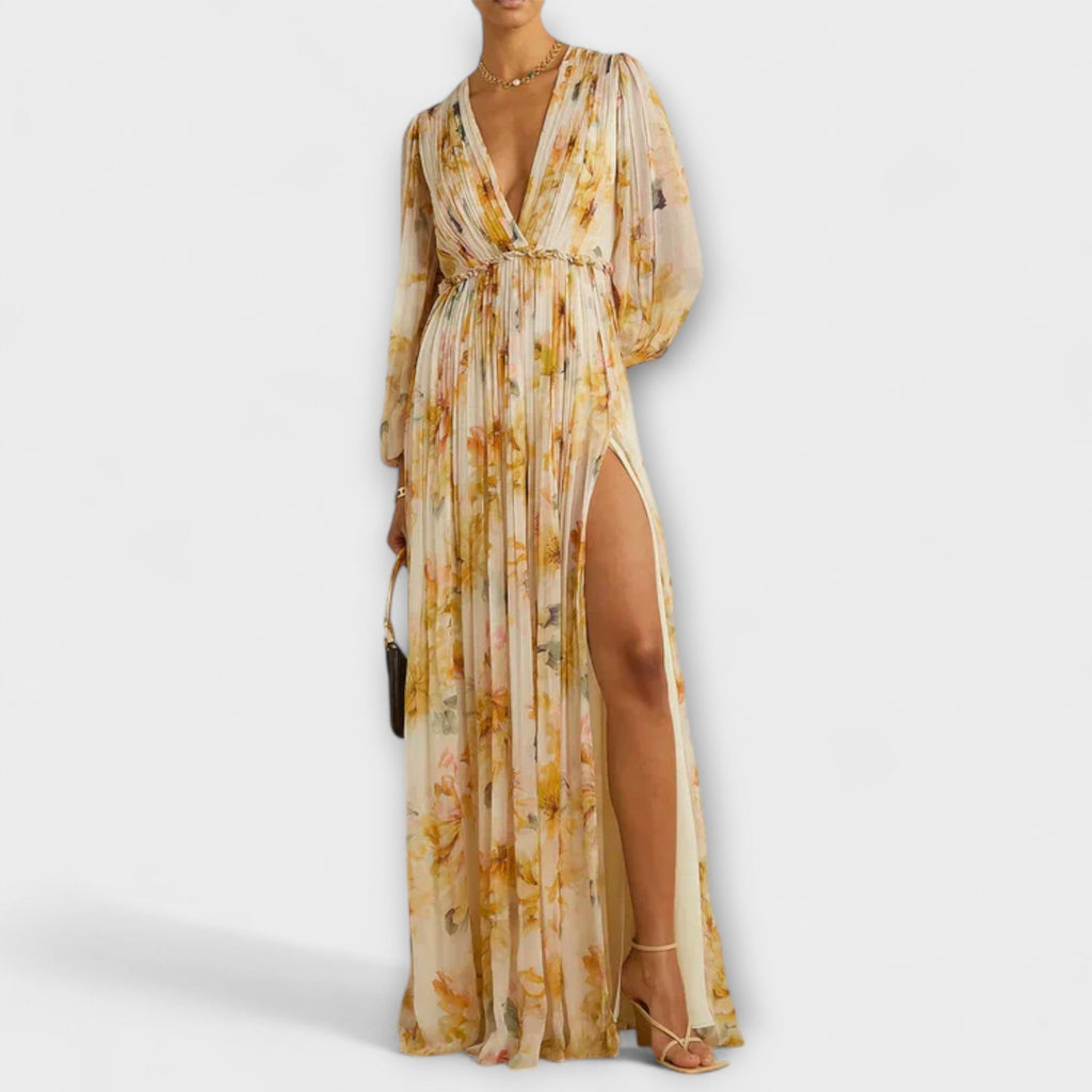 Nele - Robe Longue Jaune à Motif Floral