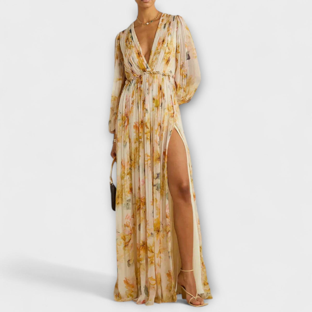 Nele - Robe Longue Jaune à Motif Floral