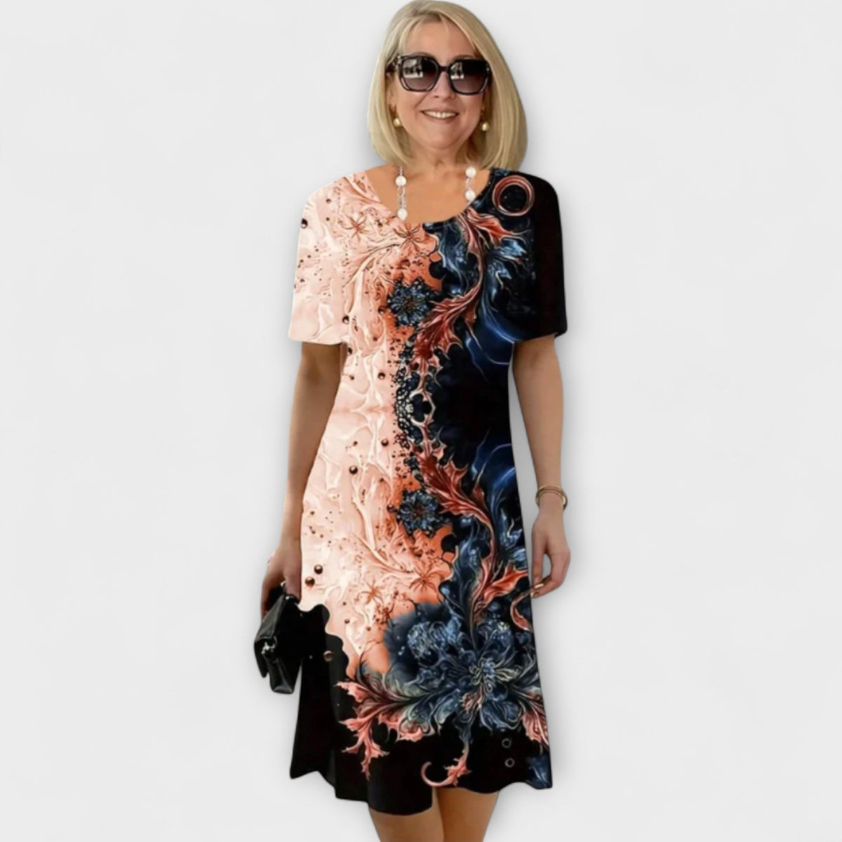 Barbara - Robe Noire et Bleue à Motif Fleurs d'Été