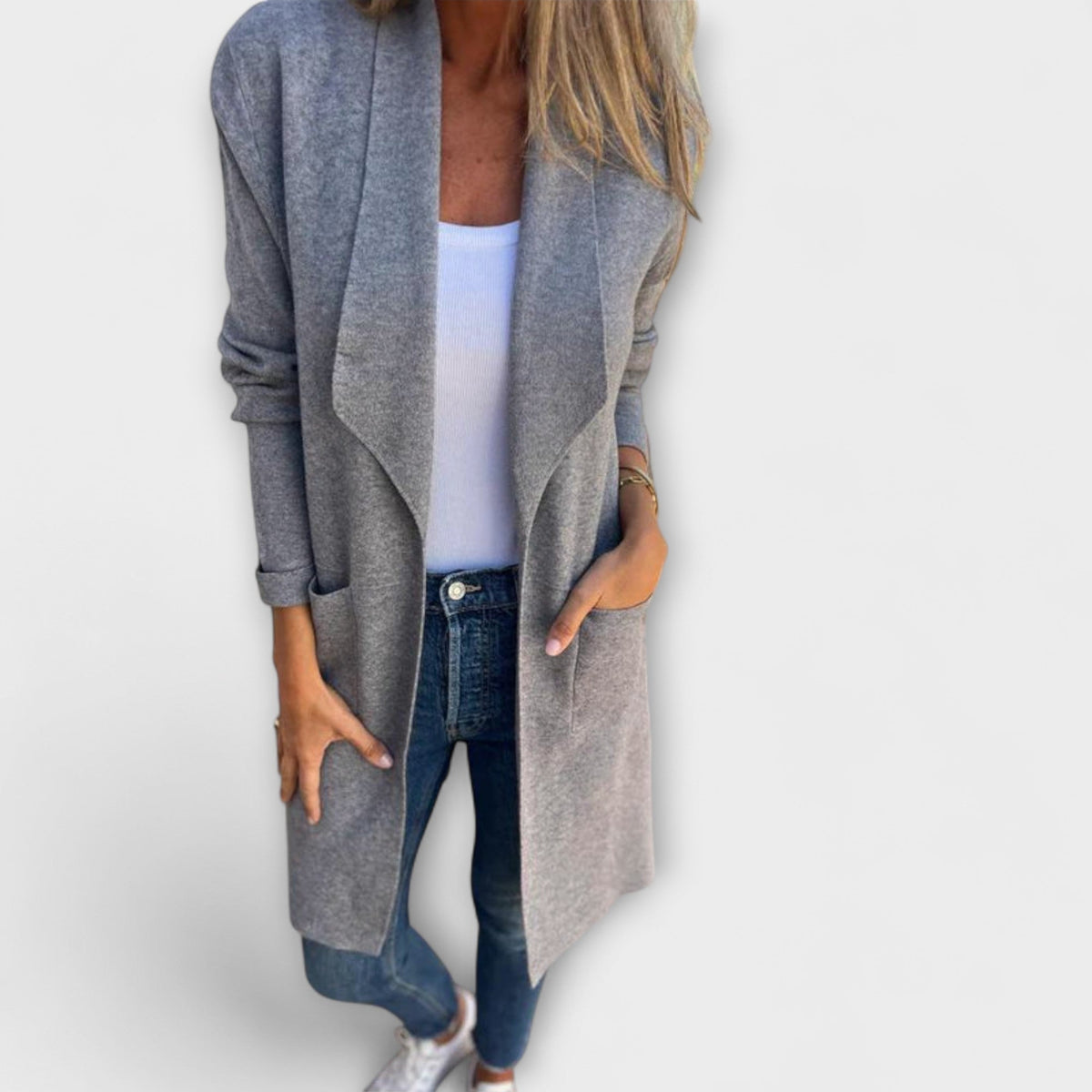 Eliane - Cardigan Long Élégant Gris