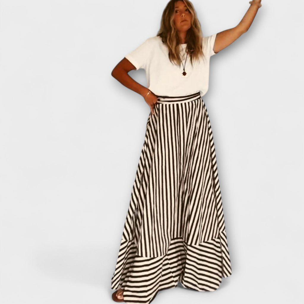 Robe Longue à Volants Rayée Beige et Noire