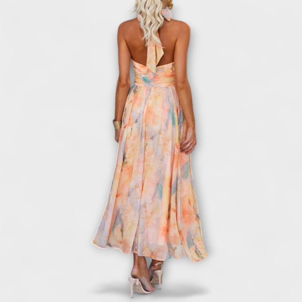 Robe Longue Dos-Nu Colorée à Imprimé Aquarelle