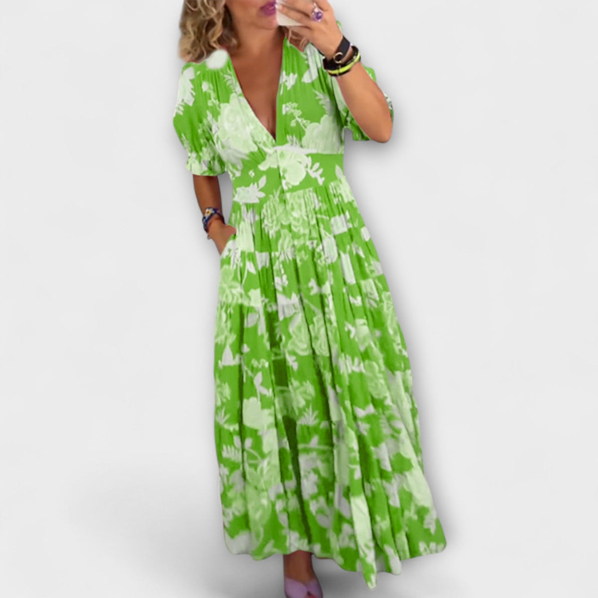 Catrisa - Robe Longue Rouge à Motif Floral et Col V