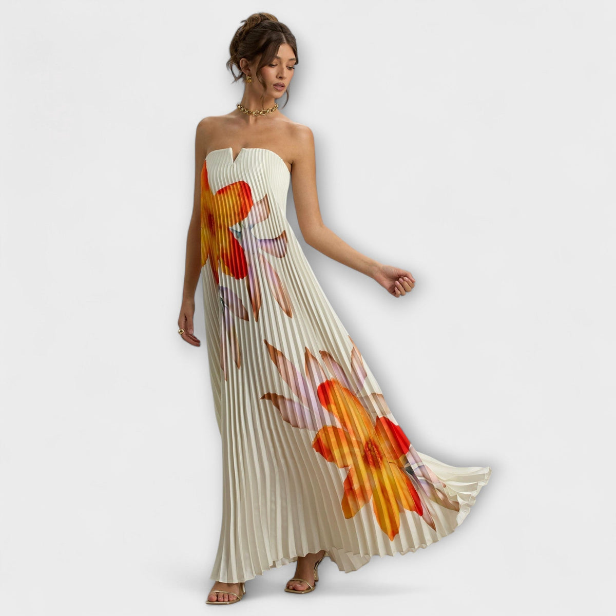 Michelle - Robe Longue Crème à Motif Floral Orange
