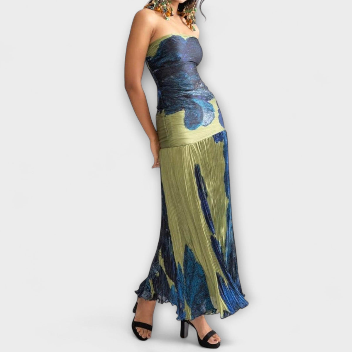 Noelle - Robe Midi Bustier Bleu et Vert