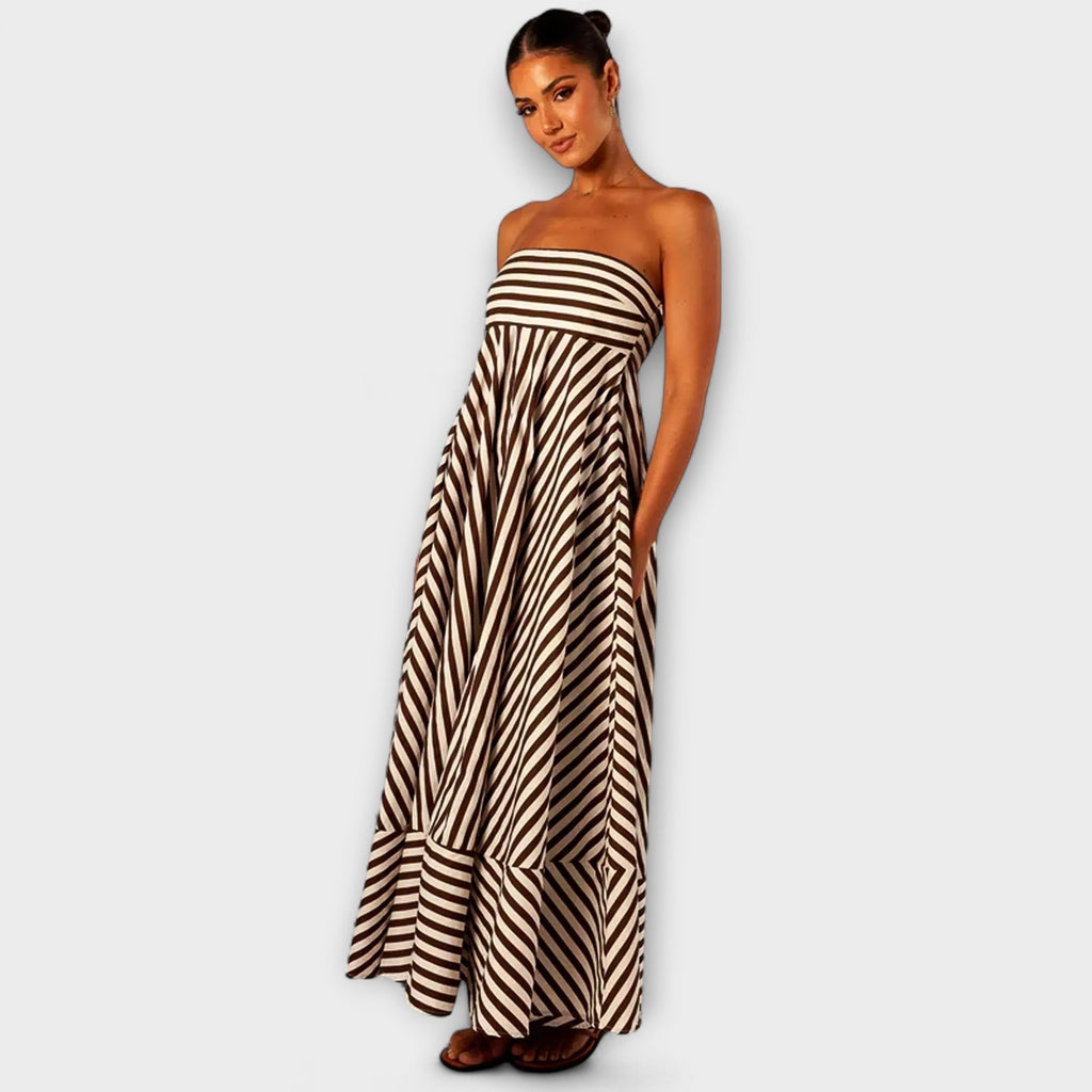 Robe Longue à Volants Rayée Beige et Noire