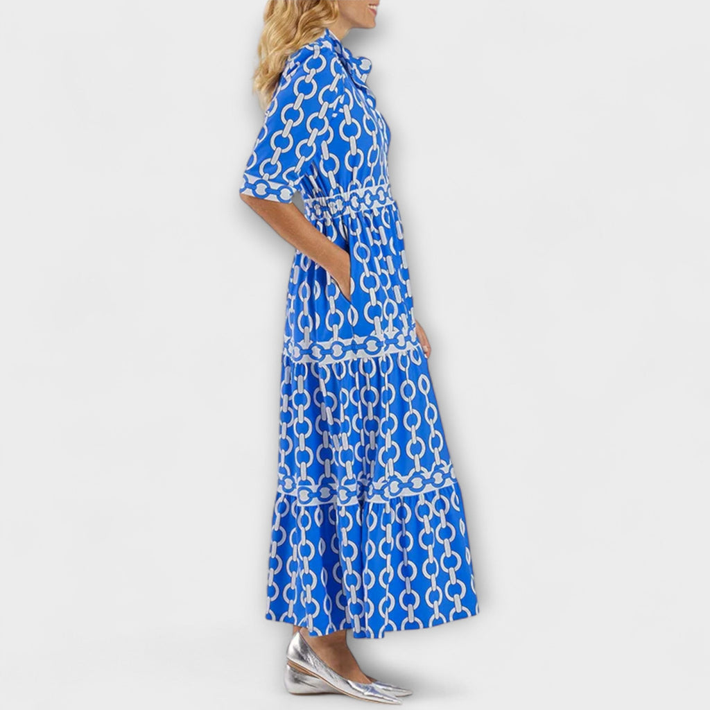 Sofia - Robe Midi Bleue à Motif Chaînes