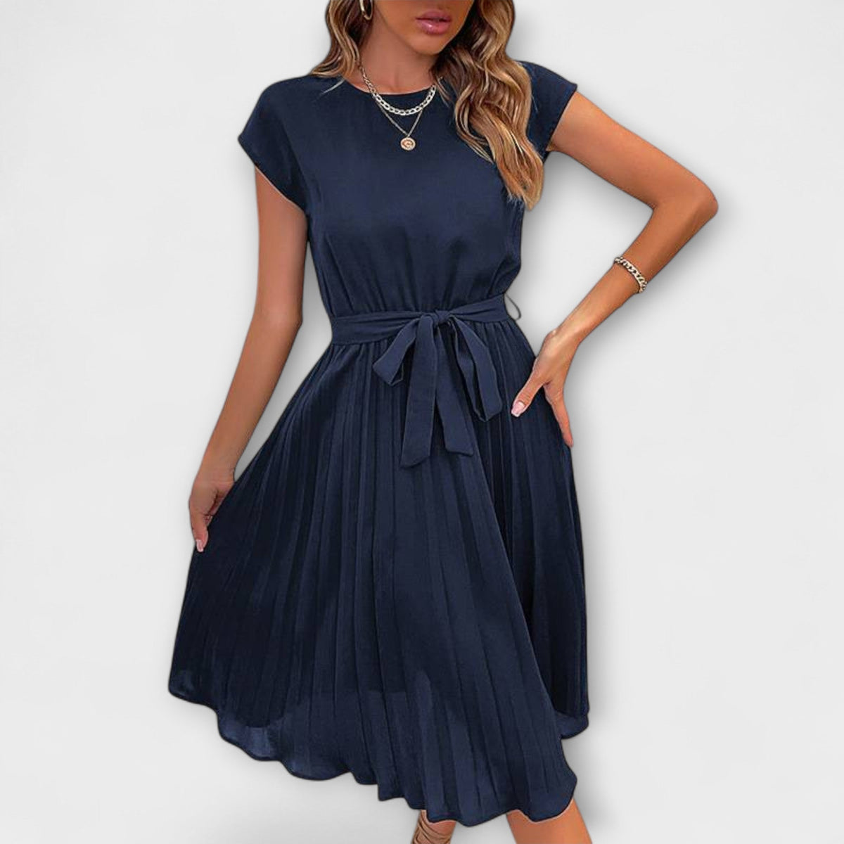 Robe Midi Élégante Vert Foncé à Ceinture