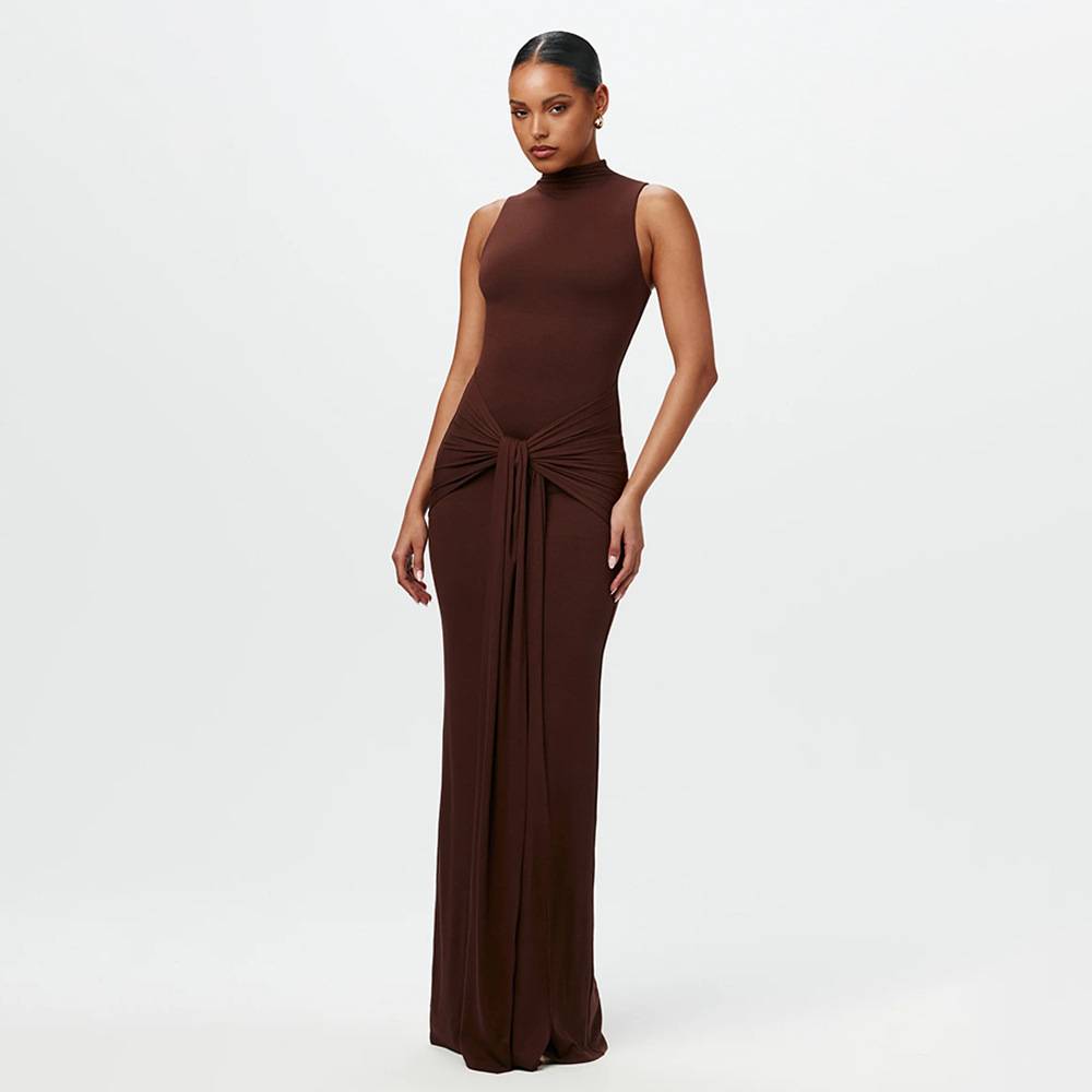Calista - Robe Longue en Mousseline Nouée Marron