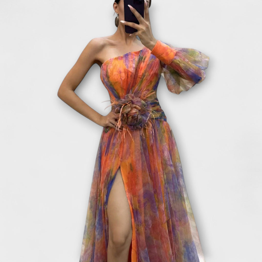 Minna - Robe Longue Asymétrique Violette Imprimée