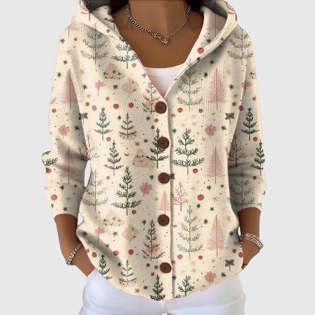 Agathe - Cardigan à capuche crème à sapins roses et verts
