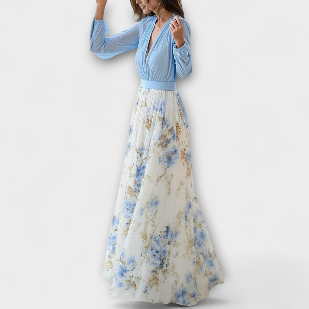 Harper - Robe Longue Bleu Clair à Motif Floral