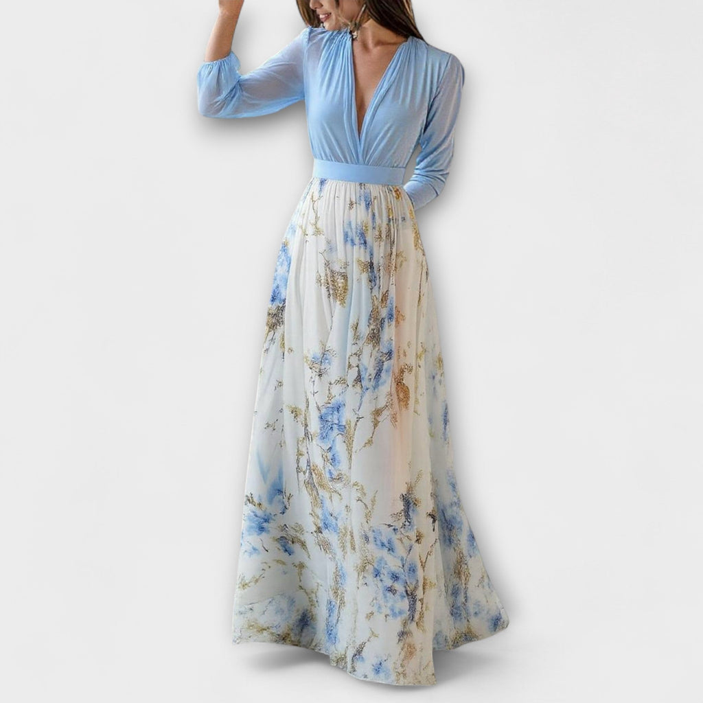 Harper - Robe Longue Bleu Clair à Motif Floral