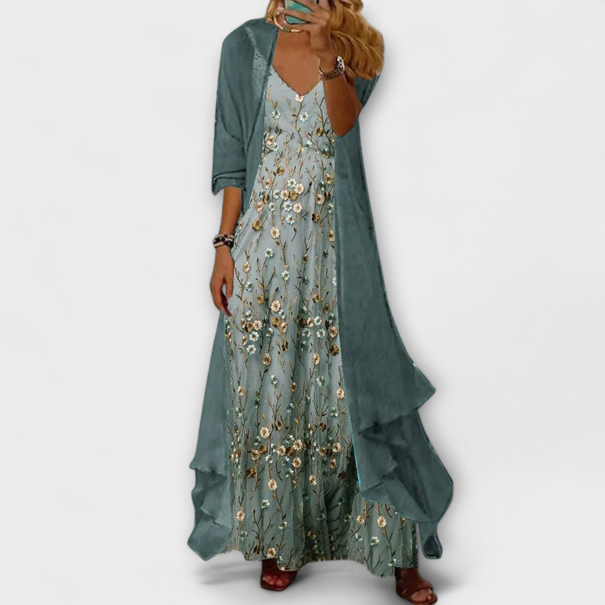 Mara - Ensemble 2 Pièces Robe Longue et Veste Vert Gris